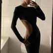 Women's Solid Color Long Sleeve O Neck Hollow  Black  Dress