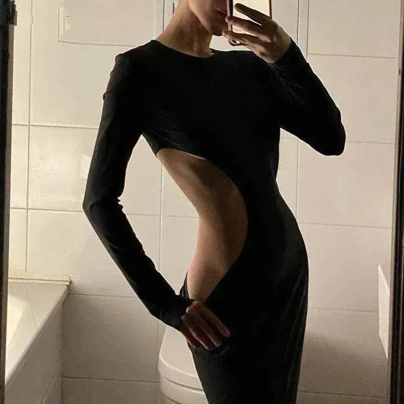Women's Solid Color Long Sleeve O Neck Hollow  Black  Dress