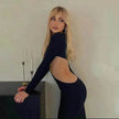 Women's Solid Color Long Sleeve O Neck Hollow  Black  Dress