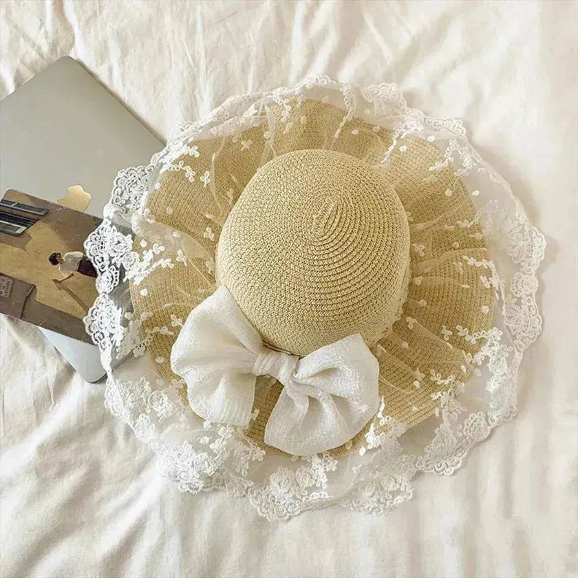 Women's Straw Sun Hat with Bow – Foldable Wide Brim Beach Hat (Khaki & Beige)
