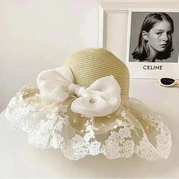 Women's Straw Sun Hat with Bow – Foldable Wide Brim Beach Hat (Khaki & Beige)