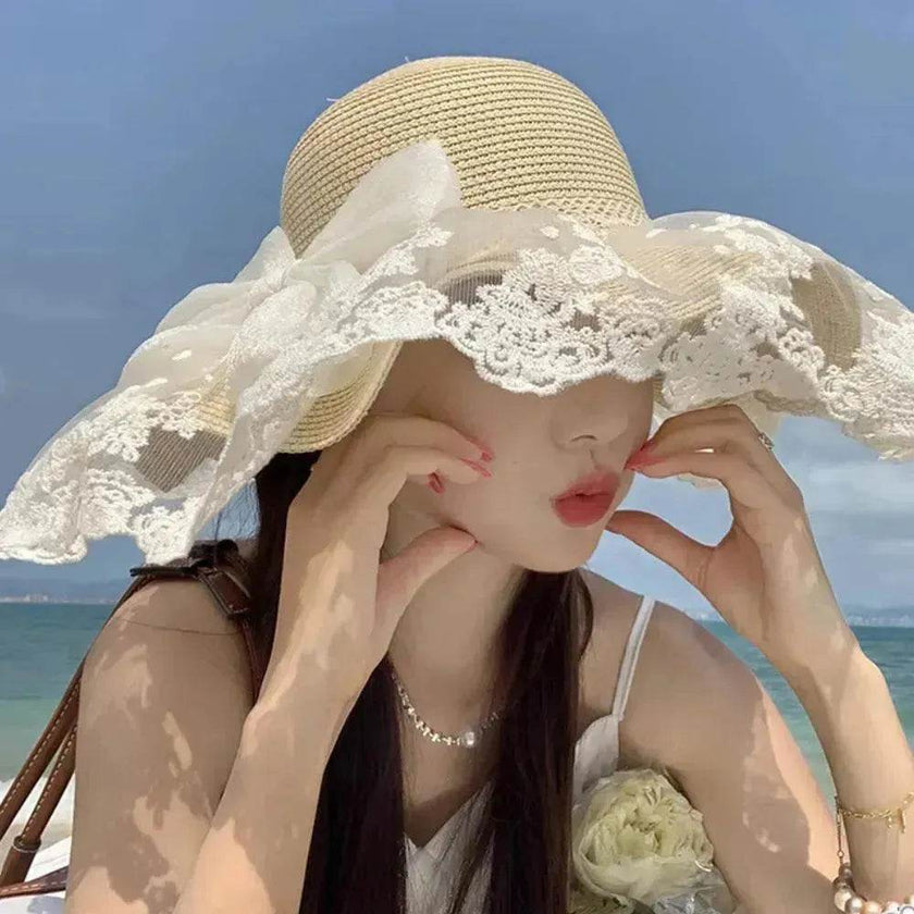 Women's Straw Sun Hat with Bow – Foldable Wide Brim Beach Hat (Khaki & Beige)