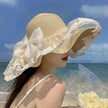 Women's Straw Sun Hat with Bow – Foldable Wide Brim Beach Hat (Khaki & Beige)