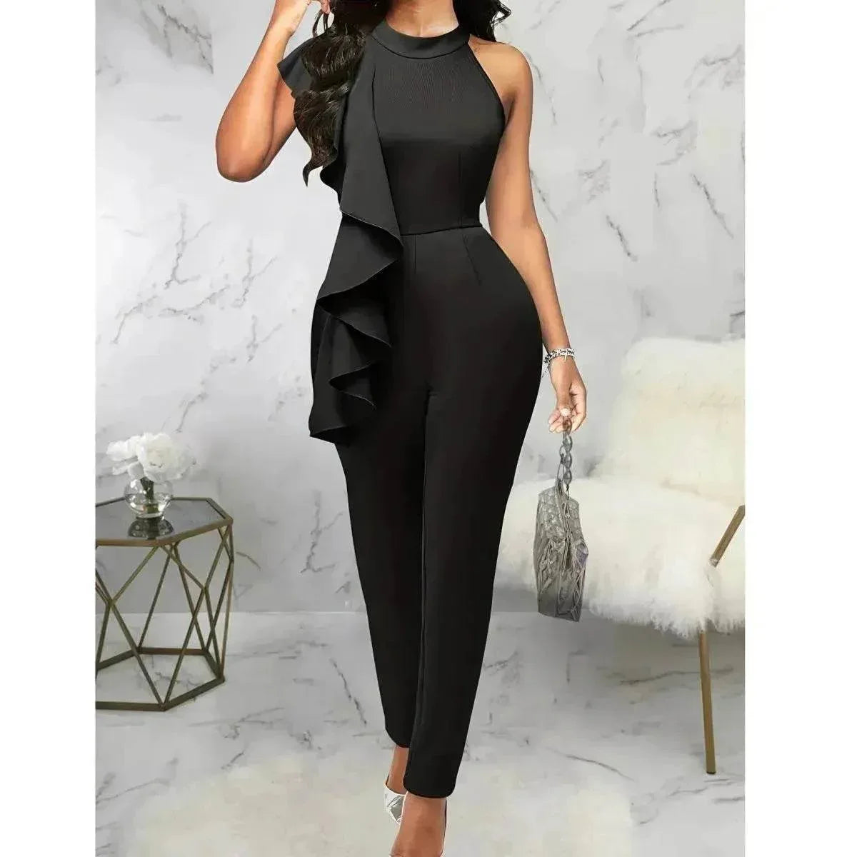 Women's Summer Casual Pure Color Ruffles Sleeveless Jumpsuit