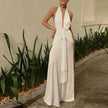 Women Summer Backless  Sleeveless Hanging Neck Pleated White Dress
