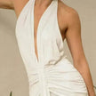 Women Summer Backless  Sleeveless Hanging Neck Pleated White Dress