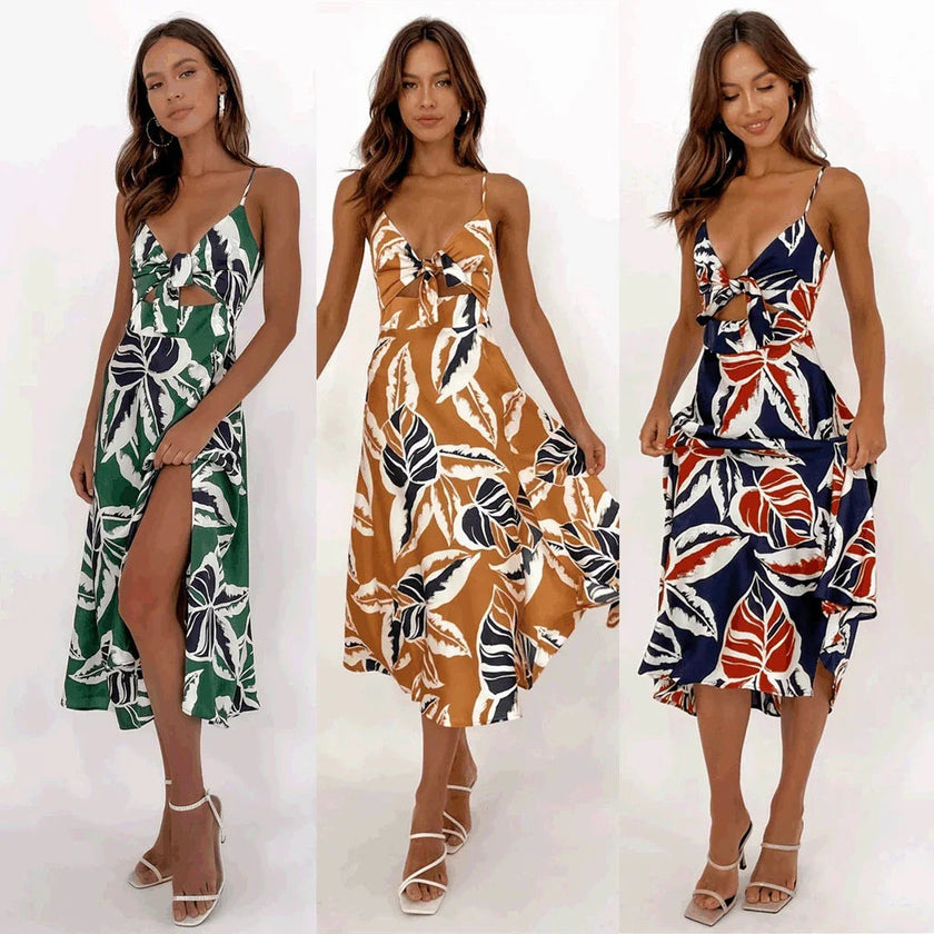 Women Sweet Split Sleeveless Floral Midi Dress