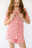 Pink Strawberry & Cherry Bows Adult Button Down Short Sleeve Pajama Top