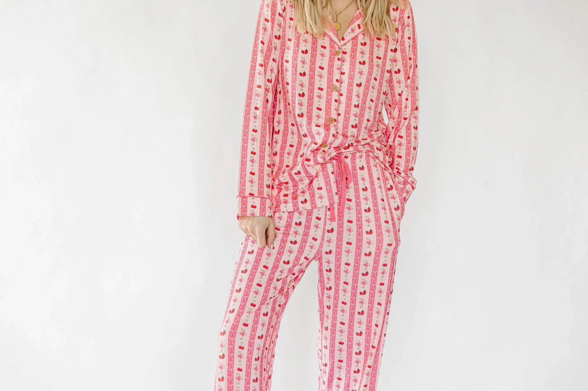 Pink Strawberry & Cherry Bows Adult Button Down Long Sleeve Pajama Top