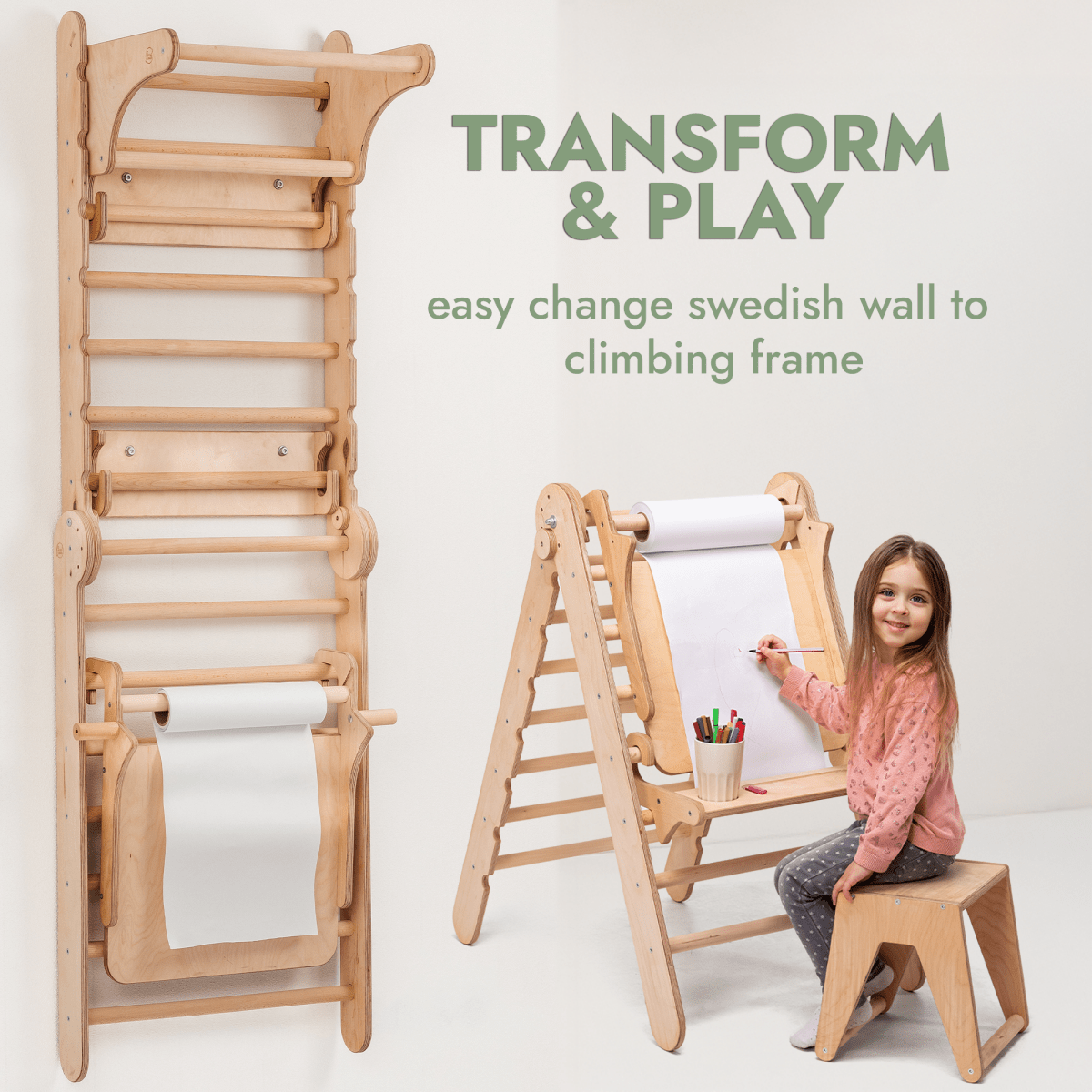 Mur d'escalade en bois / Échelle d'escalade pour enfants + Ensemble d'oscillation + Planche d'escalade + Option artistique supplémentaire