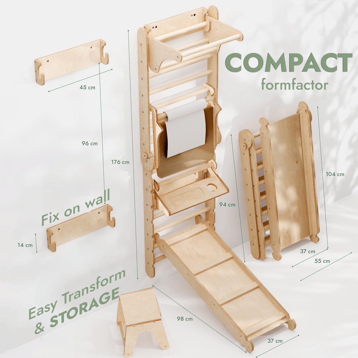 Mur d'escalade en bois / Échelle d'escalade pour enfants + Ensemble d'oscillation + Planche d'escalade + Option artistique supplémentaire