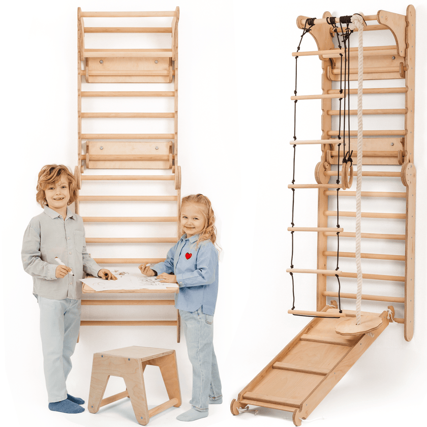 Mur d'escalade en bois / Échelle d'escalade pour enfants + Ensemble d'oscillation + Planche d'escalade + Option artistique supplémentaire