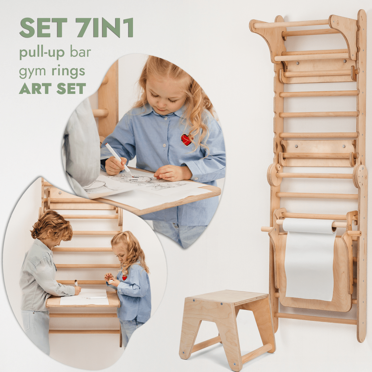 Mur d'escalade en bois / Échelle d'escalade pour enfants + Ensemble d'oscillation + Planche d'escalade + Option artistique supplémentaire
