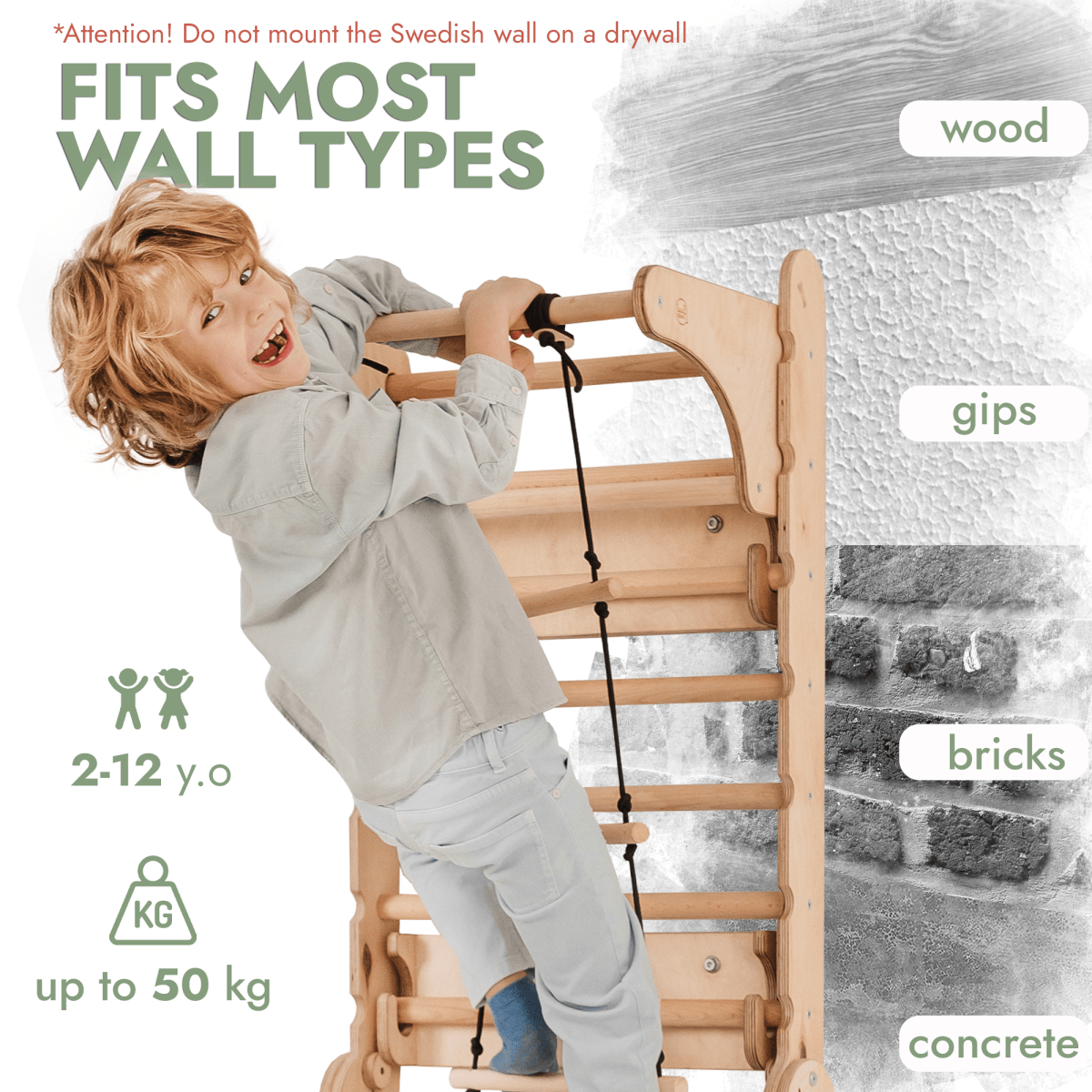 Mur d'escalade en bois / Échelle d'escalade pour enfants + Ensemble d'oscillation + Planche d'escalade + Option artistique supplémentaire
