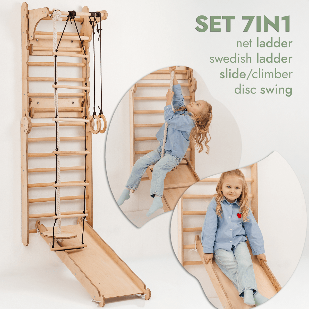 Mur d'escalade en bois / Échelle d'escalade pour enfants + Ensemble d'oscillation + Planche d'escalade + Option artistique supplémentaire
