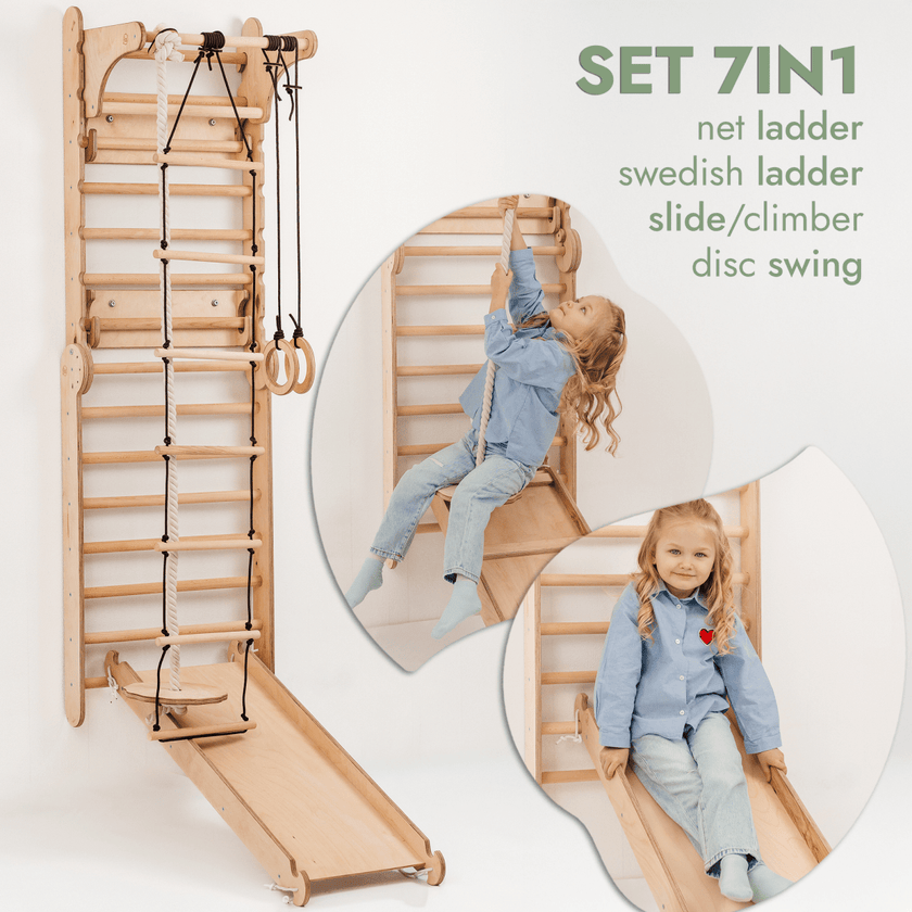 Mur d'escalade en bois / Échelle d'escalade pour enfants + Ensemble d'oscillation + Planche d'escalade + Option artistique supplémentaire