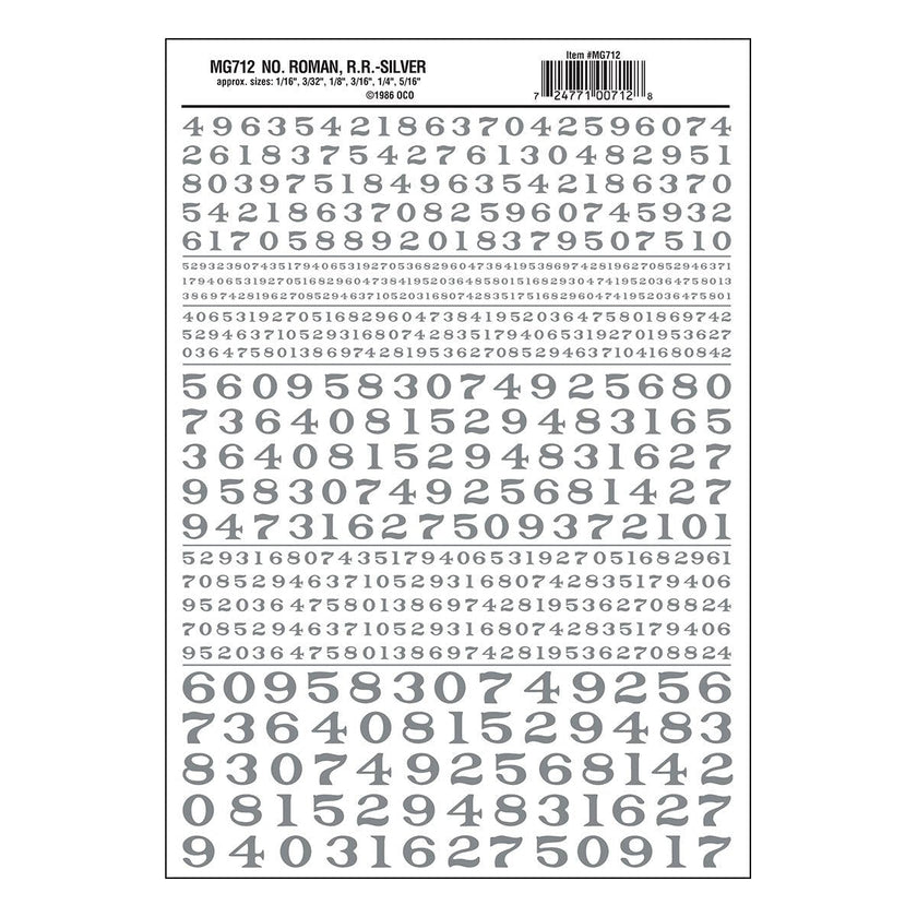 Woodland Scenics Model Graphics MG712 HO Dry Transfer Numbers Railroad Roman Silver Decals NIB