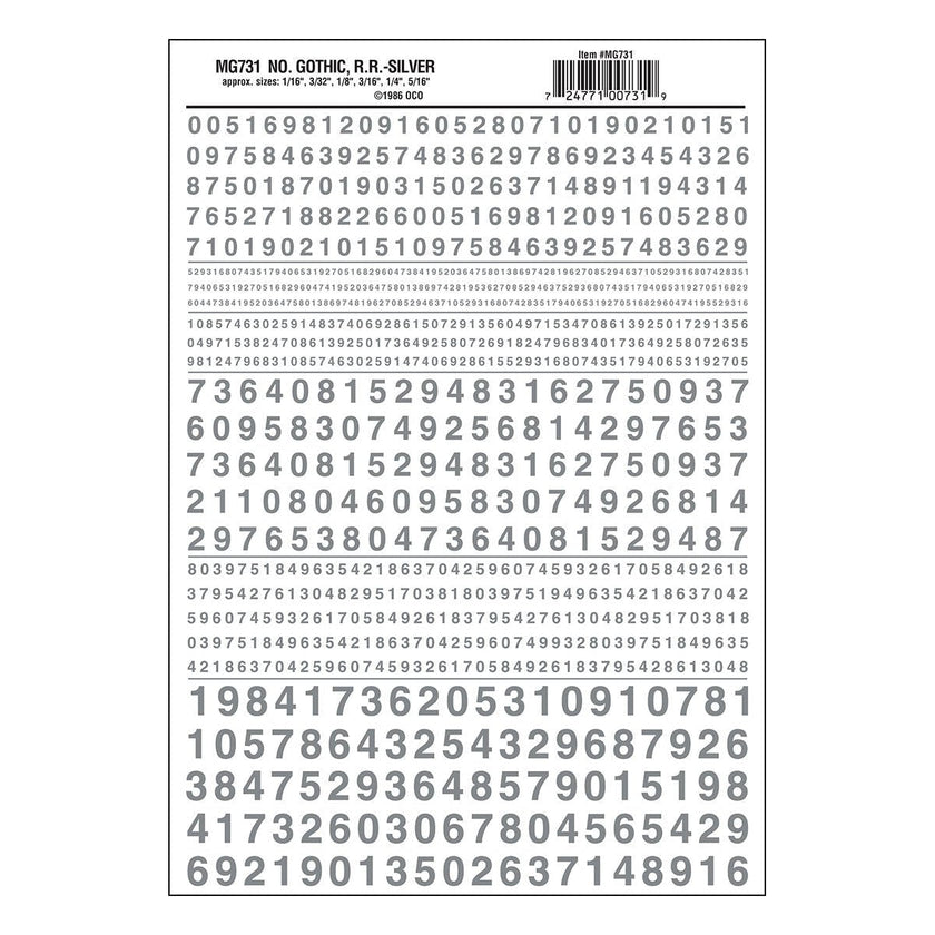 Woodland Scenics Model Graphics MG731 HO Dry Transfer Decals Numbers Gothic R.R. Silver NIB