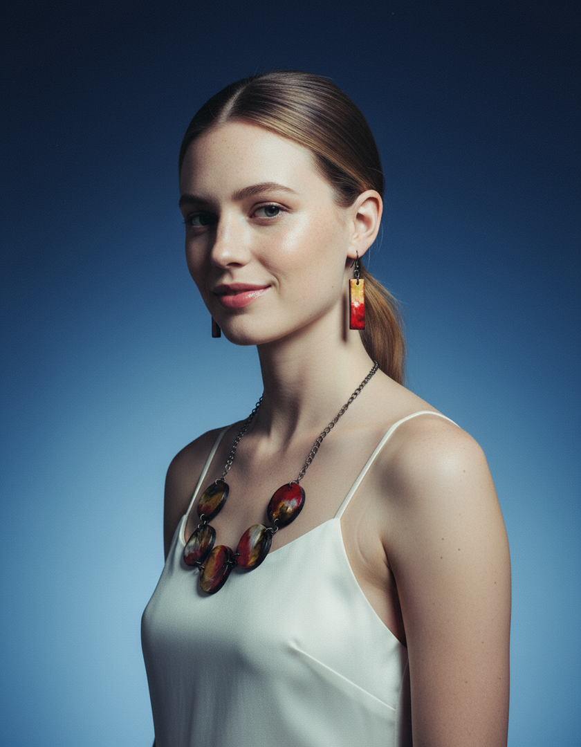 Rustic Beaded Necklace & Earring Set Handmade from Clay & Painted with Alcohol Ink