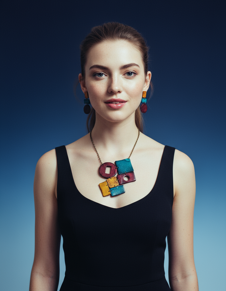 Geometric Statement Jewelry Set in Maroon, Mustard & Denim Blue