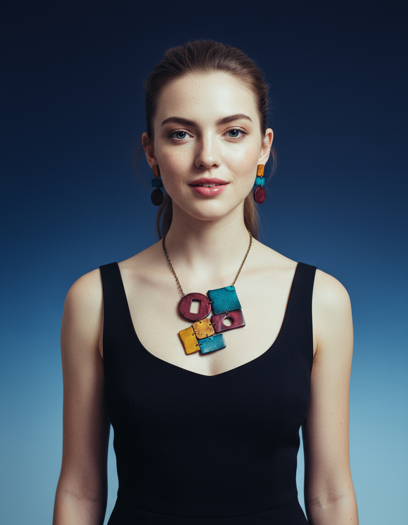Geometric Statement Jewelry Set in Maroon, Mustard & Denim Blue