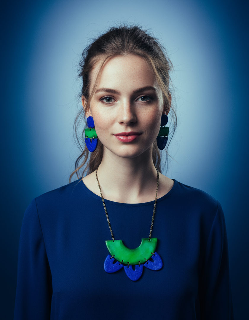 Artsy Statement Bib Necklace & Earring Set Handmade from Clay Painted Blue Green