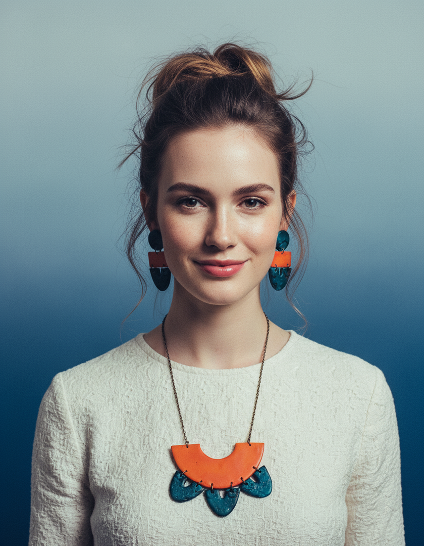 Big Statement Earring in Orange & Teal, Post or Clip On Earrings