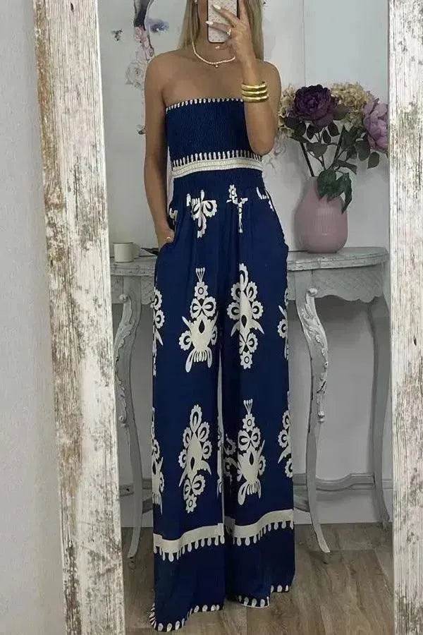 Wrapped Chest Printed Jumpsuit, High Waisted Casual Pants For Women