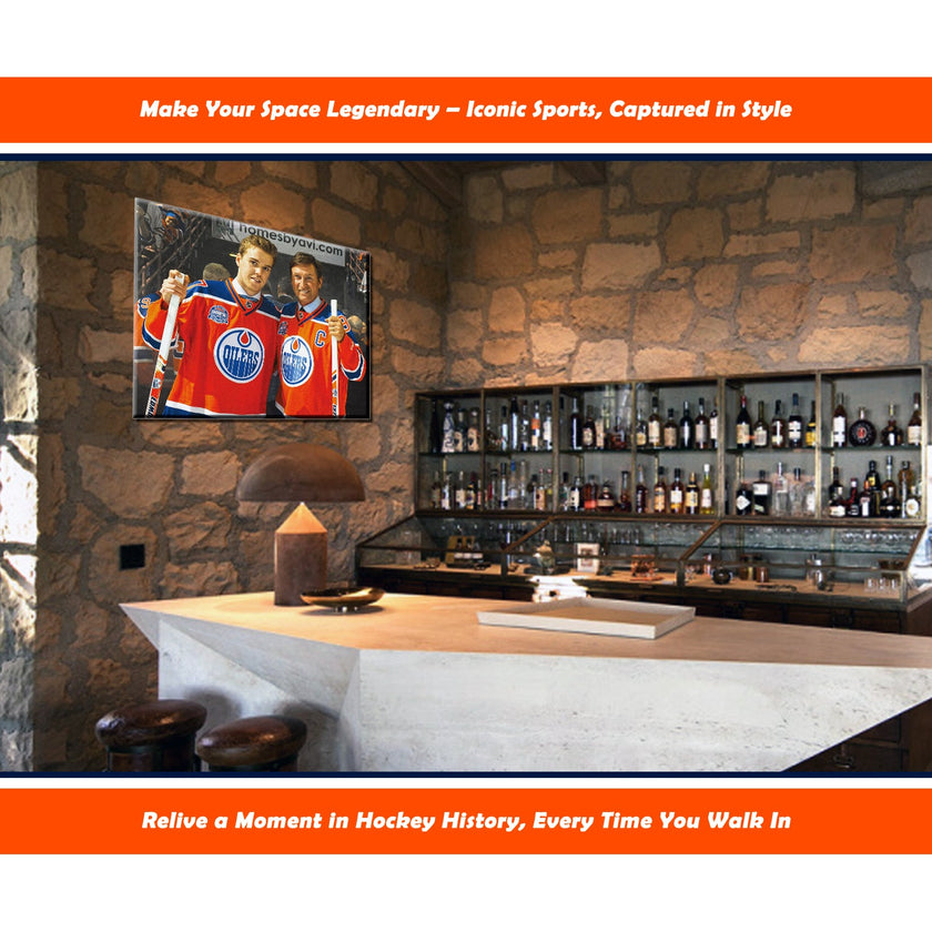 WAYNE GRETZKY AND CONNOR MCDAVID EDMONTON NHL LICENSED COLLECTIBLE WRAPPED CANVAS - HOCKEY LEGENDS ARTWORK WALL DECOR OILERS MEMORABILIA SPORTS GIFT ICON DISPLAY (16