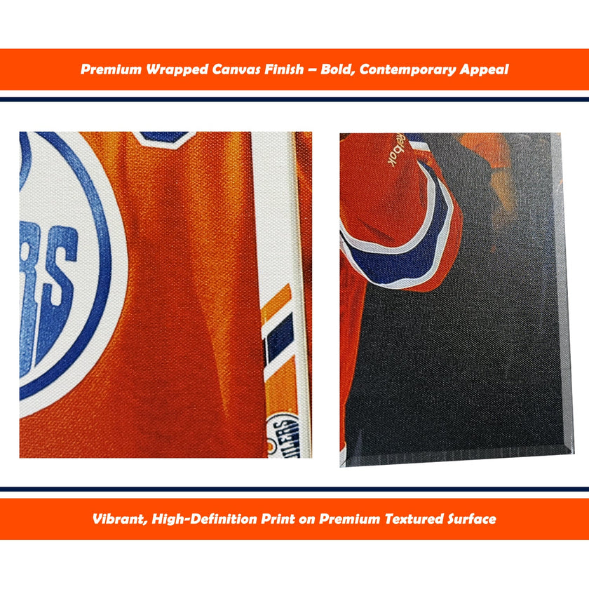 WAYNE GRETZKY AND CONNOR MCDAVID EDMONTON NHL LICENSED COLLECTIBLE WRAPPED CANVAS - HOCKEY LEGENDS ARTWORK WALL DECOR OILERS MEMORABILIA SPORTS GIFT ICON DISPLAY (16