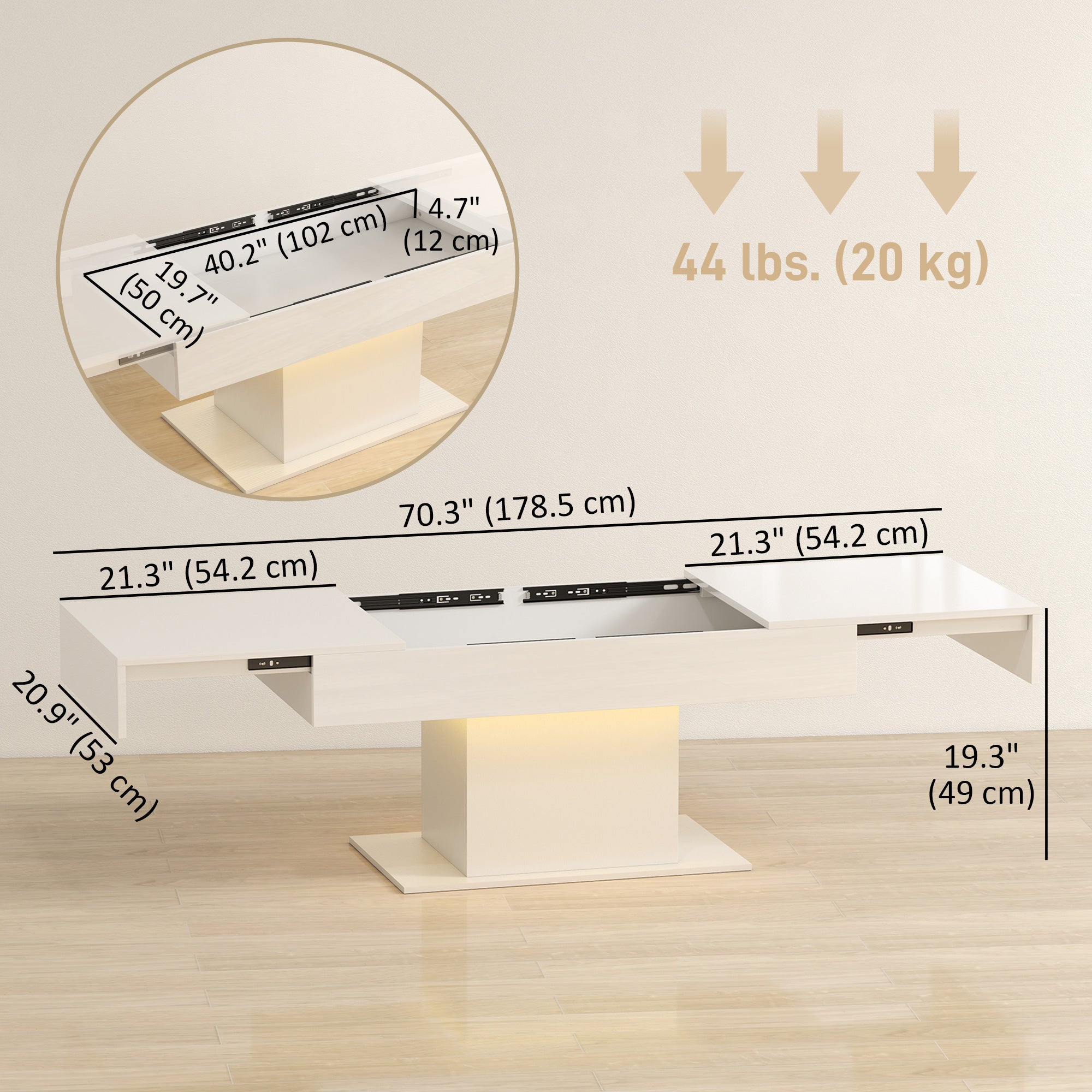 Halston Extendable Coffee Table with LED Lights and Hidden Storage-White