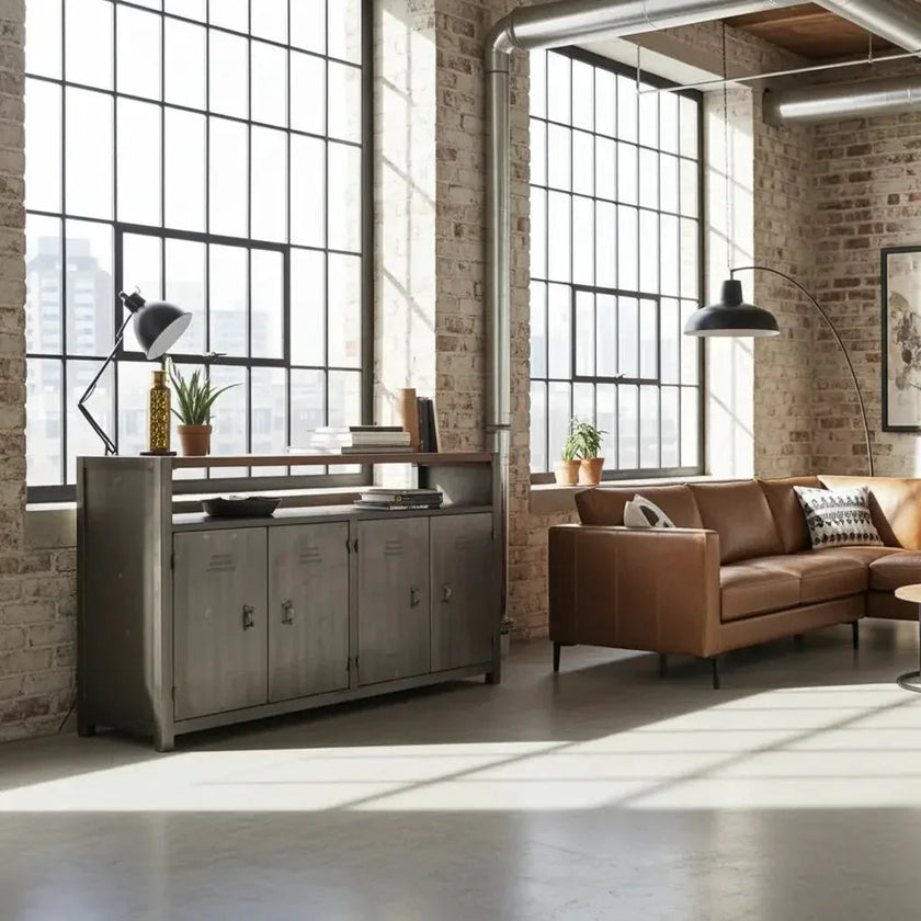 Buffet industriel en bois recyclé et acier brut