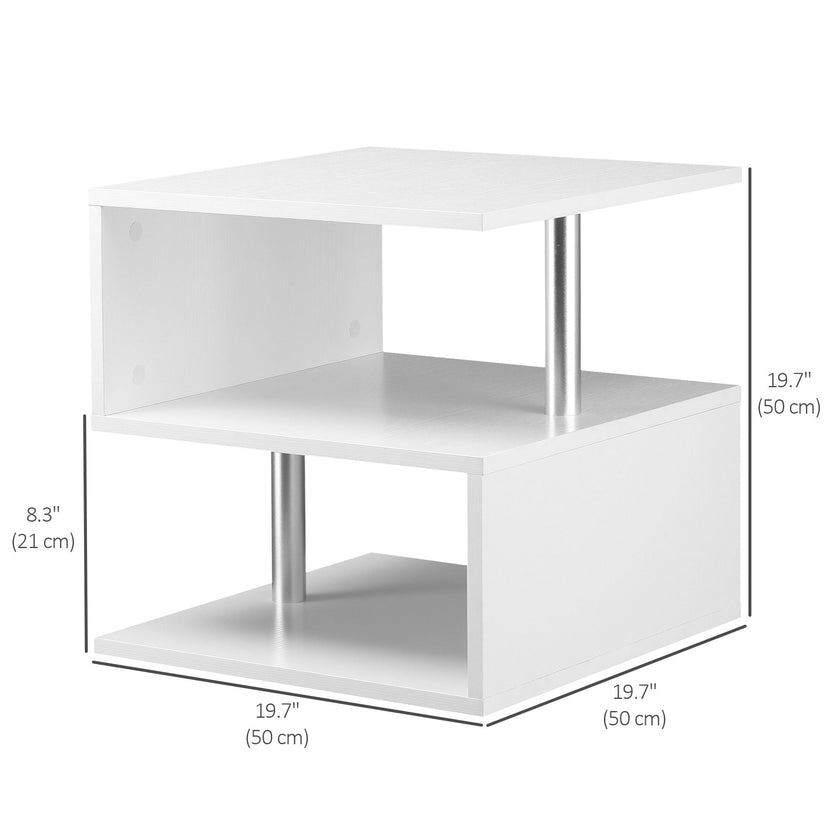 Caelan Wooden S Shape End Table with 3 Tier Storage Shelves-White