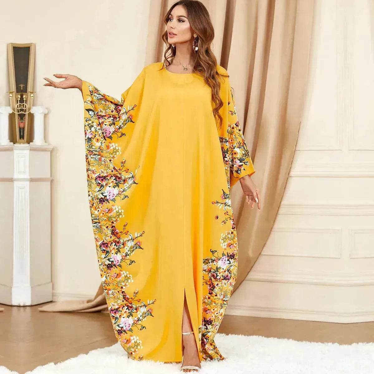 Yellow Bat Sleeve Plus Size Buba Abaya Middle East Women Dress
