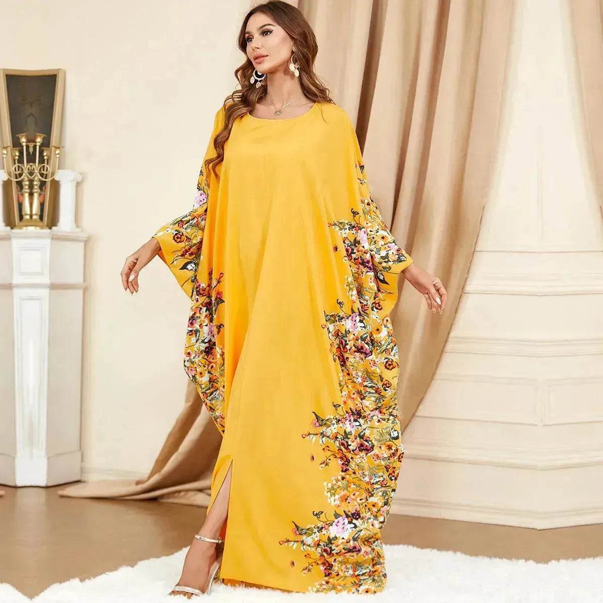 Yellow Bat Sleeve Plus Size Buba Abaya Middle East Women Dress