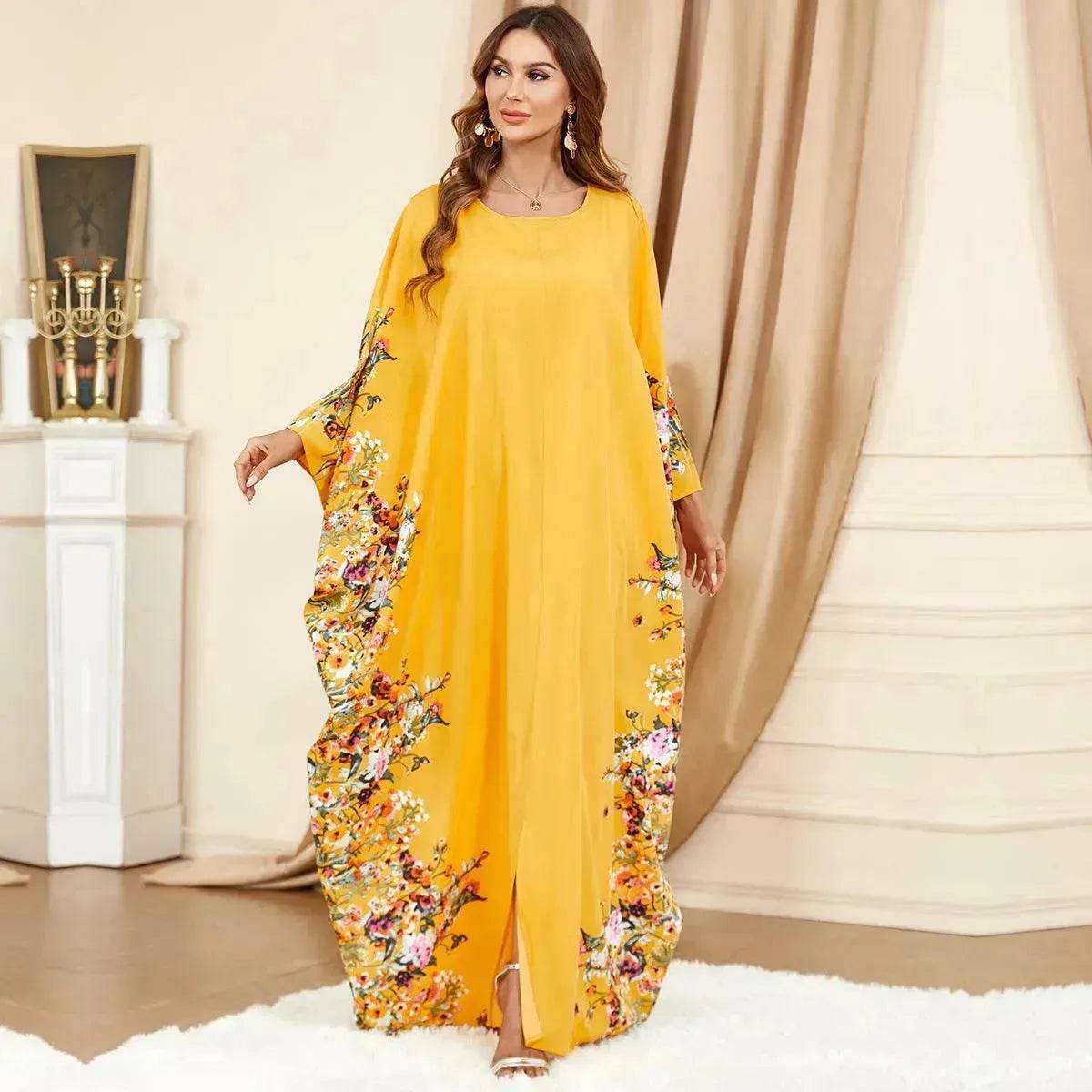 Yellow Bat Sleeve Plus Size Buba Abaya Middle East Women Dress