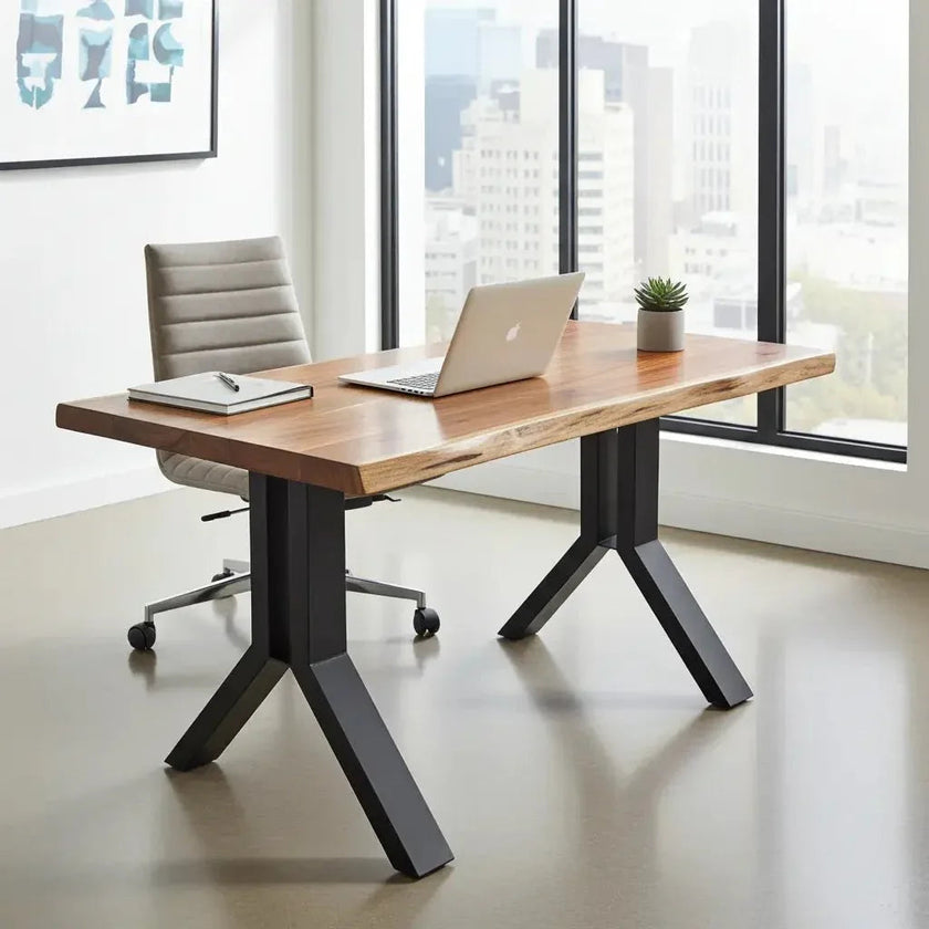 Bureau de Travail en Bois D'acacia massif sur patte en acier noir