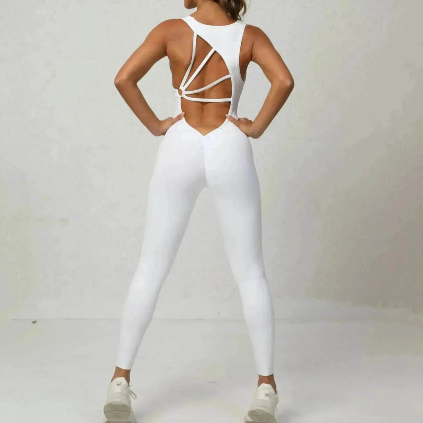 Women's Backless Workout Romper Jumpsuit – Sleeveless Gym Yoga One-Piece V-Back Stretch Sportswear