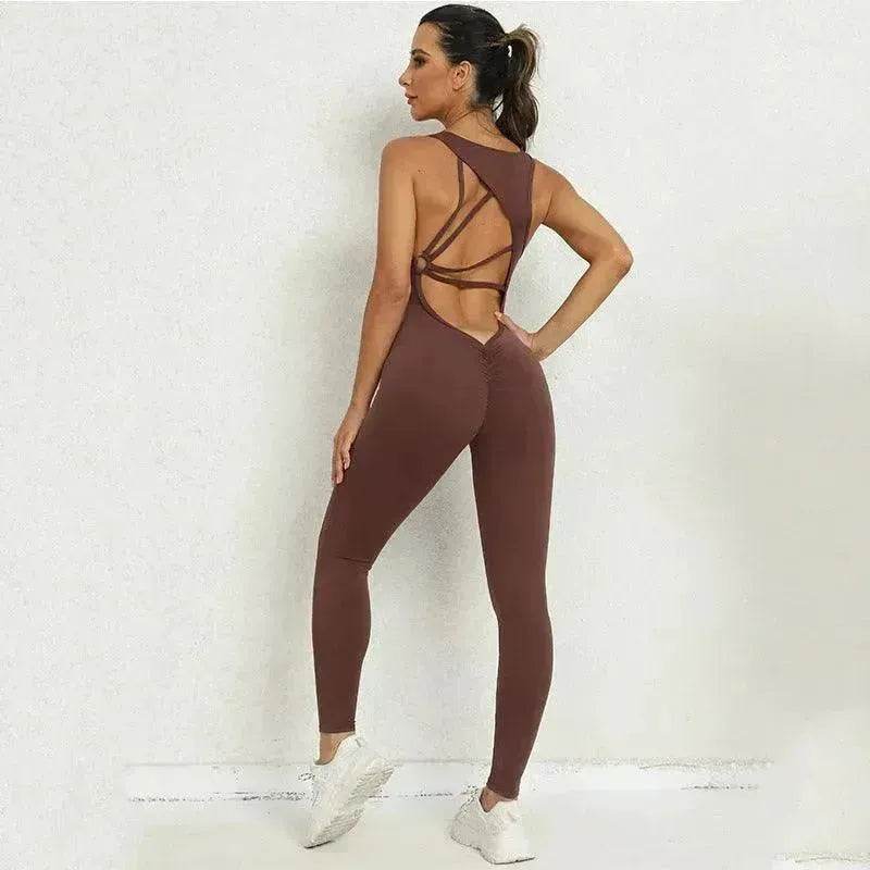 Women's Backless Workout Romper Jumpsuit – Sleeveless Gym Yoga One-Piece V-Back Stretch Sportswear