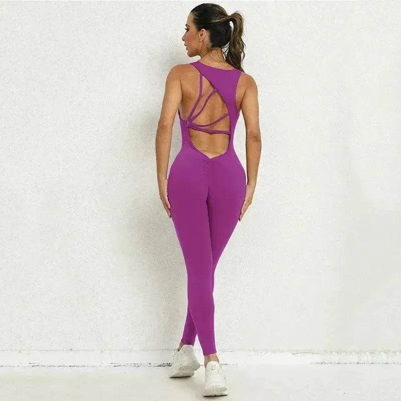 Women's Backless Workout Romper Jumpsuit – Sleeveless Gym Yoga One-Piece V-Back Stretch Sportswear