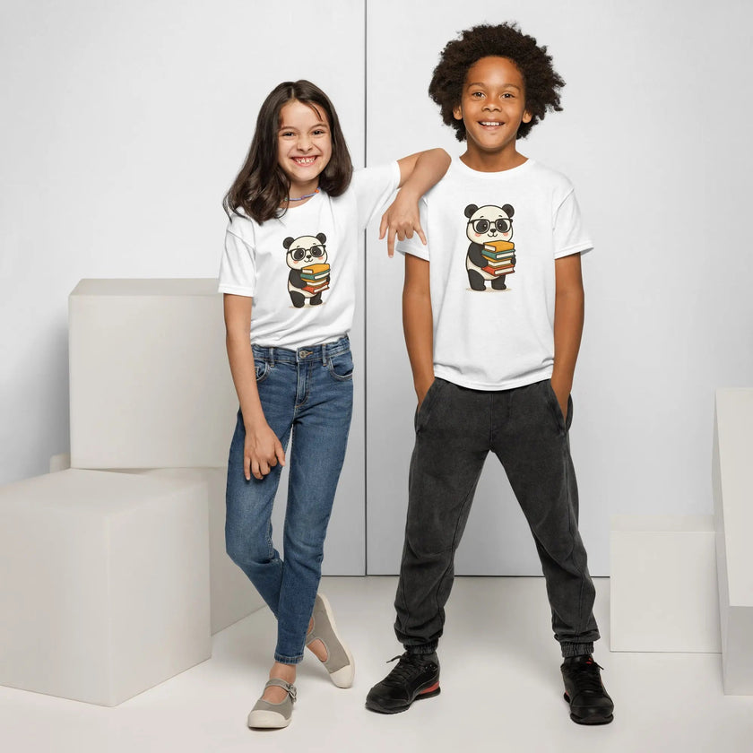 Paper peace Youth t-shirt - Panda with a stack of textbooks