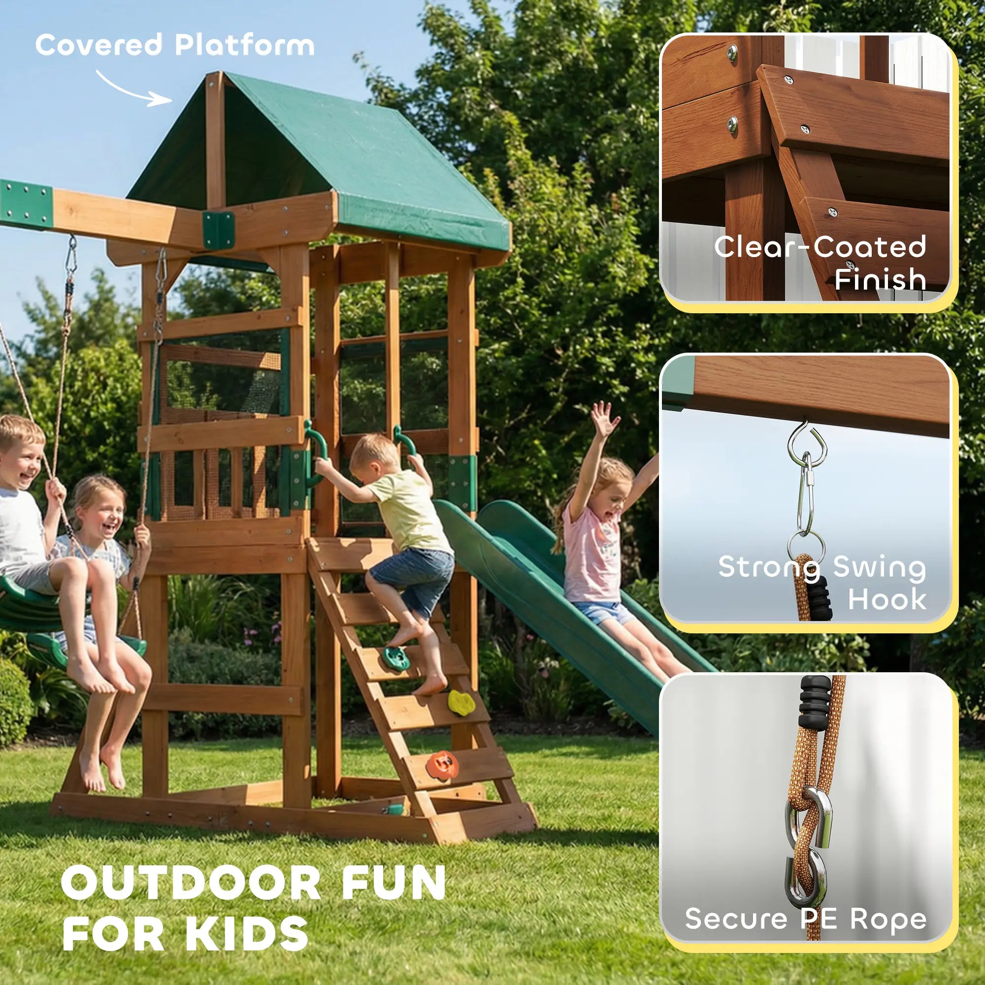 Qaba Wooden Swing Set with Slide, 2 Swings & Rock Wall (Kids Outdoor Playset)